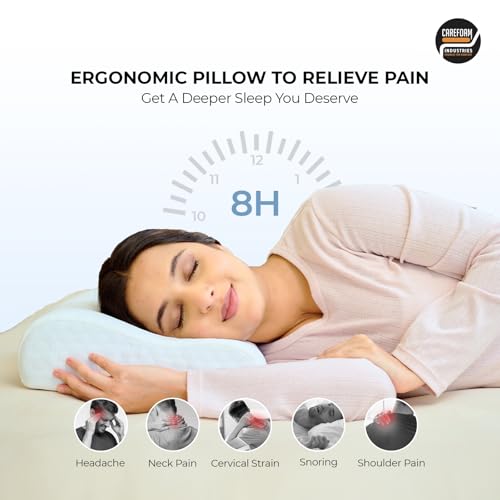 Image of CareFoam Cervical Memory Foam Pillow for Neck Support | 2-Year Manufacturing Warranty | Orthopedic Contour Pillow for Cervical Spine Alignment & Shoulder Support | Made in India | 21 x 13 x 4 Inch