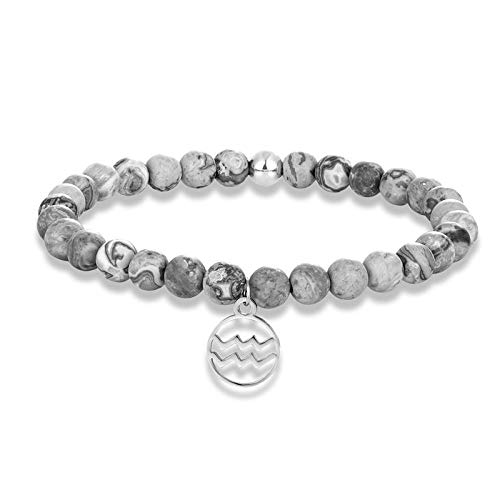 GROPC Pulsera Constelaciones,Unisex 12 Constelación Astrología Acuario Gris Natural 6 Mm Piedra con Cuentas Charm Horóscopo Pulseras Elásticas para Hombres Mujeres Regalo De Pareja De Navidad Cover