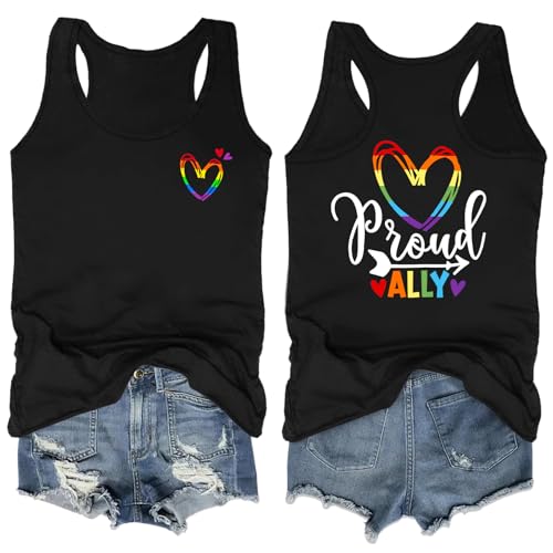 Image of Ithalt Pride Tank Top for Women LGBT Rainbow Flag Shirt Love Heart Graphic Tee Lesbian Gay Pride Sleeveless Vest