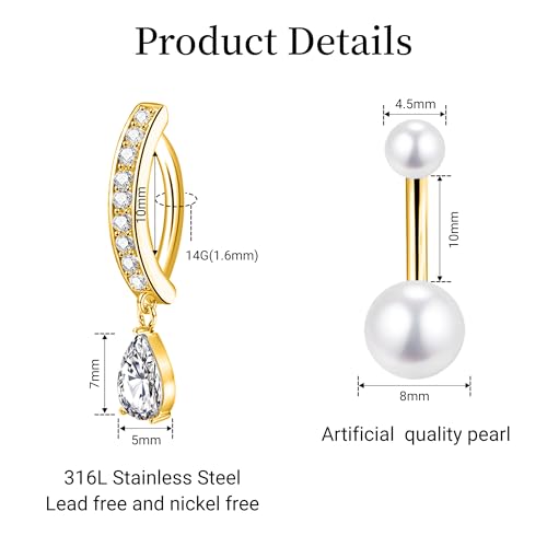 LEE&RO Gold Belly Button Ring for Women - Surgical Steel Navel Piercing Jewelry 14G2