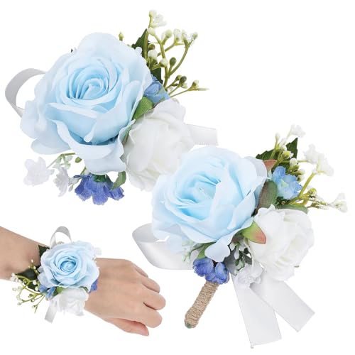 TOYANDONA Light Blue Corsage Wristlet And Boutonniere Set - Wrist Corsage Rose Bracelets Pocket Boutonniere for Women Man Wedding Prom Party Suit Decor (2 Pack)