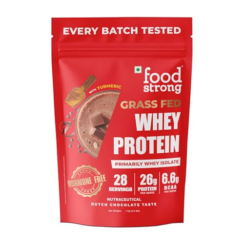 Image of Foodstrong Whey Protein Isolate + Concentrate, 100% Hormone Free Grass-Fed Whey, 26G Protein & 6.6G BCAA, Dutch Chocolate, With Turmeric & Natural Digestive Enzymes, 1KG