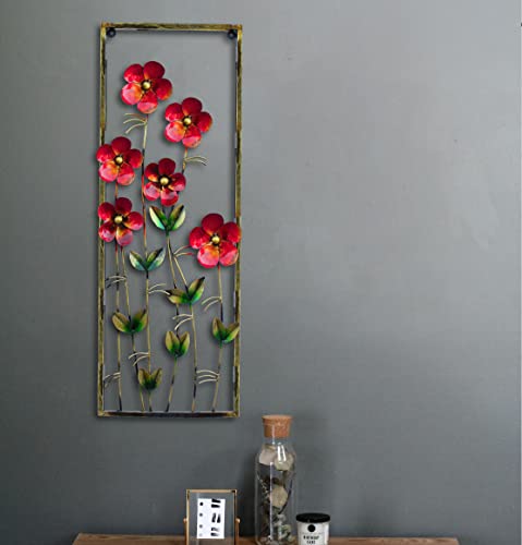 Image of iHandikart Verticle Metal Wall Art Red Flower Design 34 * 13 Inch | Large 3D Metal Wall Decor for Living Room | Modern Luxury Wall Hanging for Home, Bedroom, Hall | Designer Floral Wall Decoration