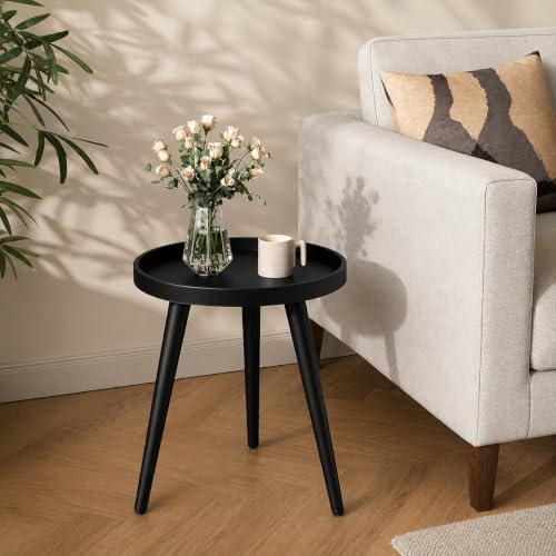 Image of Small Round Coffee Table, Modern Side Table with 3 Stable Legs, Multifunctional Sofa Side Table for Balcony Office (Full Black)