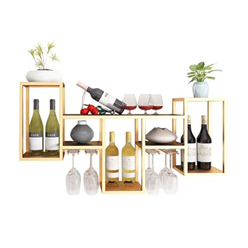 BAZIGA Organize Kitchen Metall-Weinregal zur Wandmontage, goldene Weinkelchregale, Wandregale, Weinhalter für 6 Flaschen, 8 Weingläser, Keller, Clubs