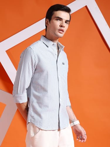 Image of The Indian Garage Co Men Slim Fit Striped Full Sleeves Cutaway Collar Casual Shirt