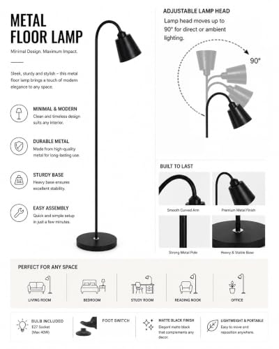 Image of Homesake Contemporary Arc Floor Lamp for Living Room, Adjustable Matte Black Standing Reading Lamp with E27 Holder, Modern Nordic Corner Floor Light for Bedroom, Sofa Side, Home Office & Study
