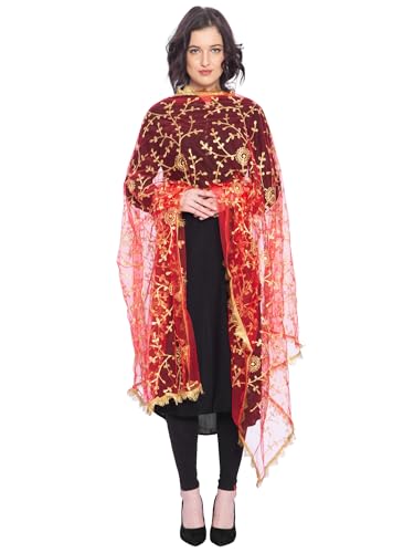 Image of ZEN APPAREL Women's Embroidered Net Dupatta with Lace Borders (Z-101) Premium Net Fabric Golden Aari Work