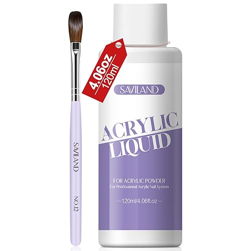 Saviland 120ml Acrylic Liquid with Acrylic Brush Monomer for Acrylic Nails with Acrylic Nail Brush 12# MMA-Free Non-Yellowing Formula Acrylic Monomer Liquid for Acrylic Powder Nail Extension &Carving
