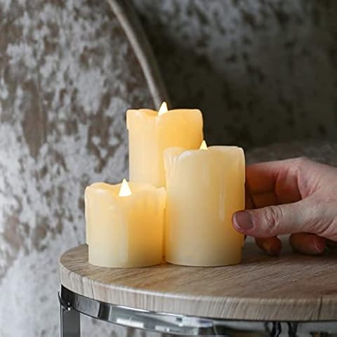 Festive Lights Cream Pillar Candles - Real Wax - 3 Pack - Flickering Flame - Warm White LED - Battery Operated Cover
