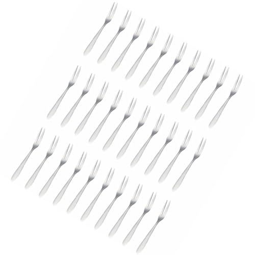 SHINEOFI Tenedores de Fruta de Acero Inoxidable 30 Piezas, Tenedores de Dos Puntas para Postres y Aperitivos, Utensilios para Hogar y Fiestas, Aptos para Lavavajillas, Tamaño Pequeño