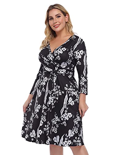Amz Plus Womens Plus Size V-Neck Wrap Floral 3/4 Sleeve A Line Midi Cocktail Party Midi Dress B-Black Xl #TOP4