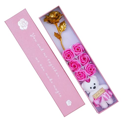 eCraftIndia Valentine Gift for Girlfriend Boyfriend Golden Rose Pink Rose Flowers Teddy Bear You and Me Together Gift Box| Valentine Day Gift for Husband Wife Her Him | Valentine Day Decoration Items 3 41rgbl3pQ2L