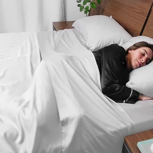 Image of ACCURATEX Cooling Sheets Twin XL Size - Viscose Made from Bamboo, Luxury Cool Silky Sheet Set for Twin XL Size Bed, Super Soft Breathable Bedding Sheets up to 16 inches Deep Pockect,White