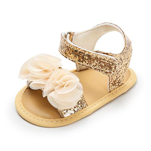 SOFMUO Infant Baby Girls Sandals with Flower Soft Sole Newborn Summer Crib Shoe Toddler First Walker Princess Dress Shoes (Gold,0-6 Months)