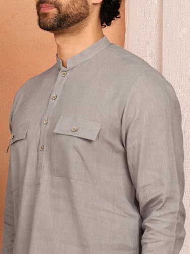 Image of See Designs Men's Full Sleeve Mandarin Collar Linen Solid Pathani Set