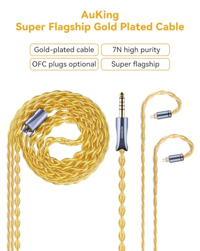 NICEHCKAuKing IEM Cable, 4N Pure Gold Plated Earbuds Cords, 7N OCC Coated Silver Earbuds Upgrade Cables, in-Ear Earphone Cord for Wired Earphones (4.4mm+2Pin)