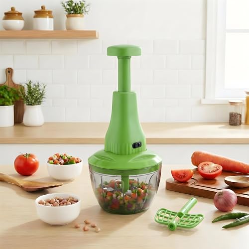 Image of Chopper for Kitchen Use | 650 ml Round Push Chopper with 3 Blades and Whisker | Chopping Vegetables & Fruits, Onion, Ginger, Garlic, Salad, Tomato, Potato (Green)
