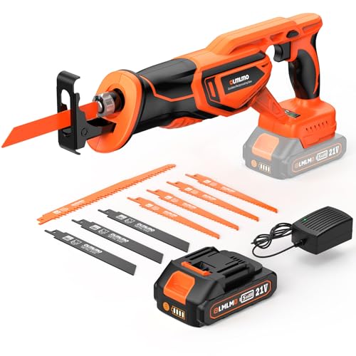 Sierra de sable sin cable, sierra de sable sin cable y sin escobillas con batería de 21 V 2000 mAh, carrera de sable de 0-3300 rpm y 28 mm, 8 sierras, cambio de hoja de sierra sin herramientas, sierra