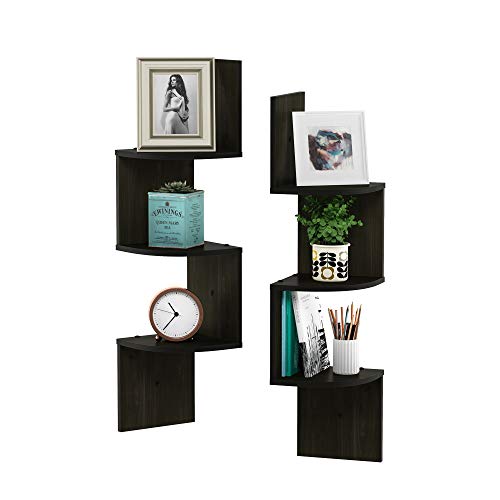 Image of Furinno Rossi Set of 2 3-Tier Corner Floating Shelves for Wall, Espresso | Zigzag Wall Shelf, Radial Mounted Floating Book Shelf, for Bathroom, Bedroom, Living Room