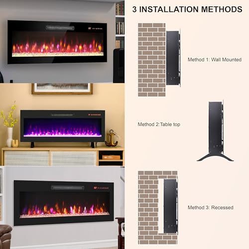 Udorich Heating with 36 Inch Recessed Electric Fireplace, Ultra Thin Design, Multi-Color Flame Options, Remote Control, Black - Image 7