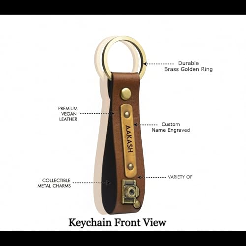 Image of Men's Leather Keychain Name Leather Keychain for Mens | Personalized Keychains with Printed Customized Keychains for Men | Customised Gift Set for Men with Name & Charm, Brown