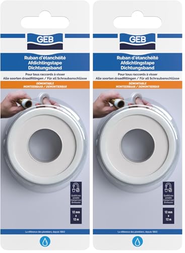 GEB Rubans d'étanchéité en PTFE - 12 m x 12 mm x 0,075 pour l'étanchéité des raccords filetés - Compatible eau potable (Lot de 2)