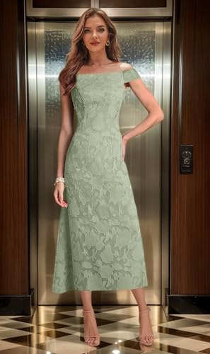 Tea Length Mother of The Bride Dresses for Women Off The Shoulder Floral Formal Evening Dress with Sleeves3