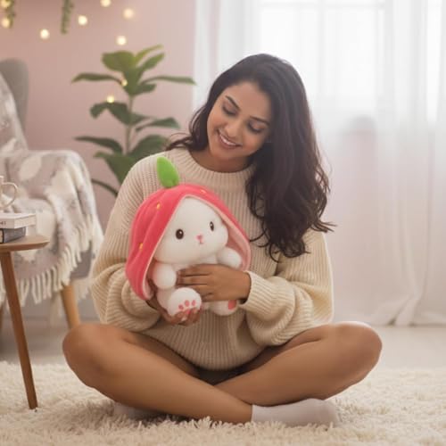 Image of Flufies Plush Toys - Snuggly and Aesthetic Stuff Plush Toys and Baby Toys - Soft Toys for Baby Girl and Baby Boy - Soft Toys for Girlfriend Gift (Strawberry Reversible Rabbit)
