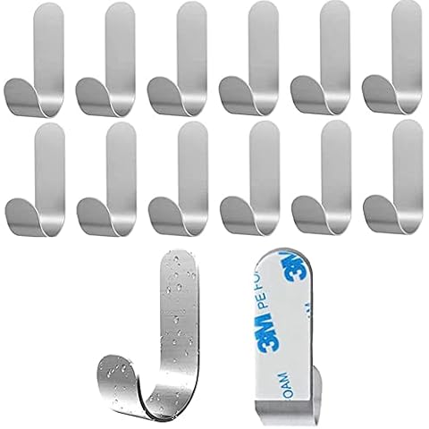 Bosdontek Wall Adhesive Sticky Hooks Matte Silver Color 12 PCs Steel Wall Hanger Hooks Modern Minimalist for Home/ Kitchen / Office / Bathroom (Silver) Cover
