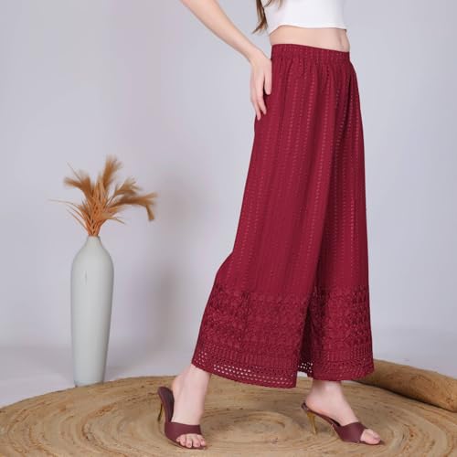 Image of VIVIKA Chikankari Palazzo Pants for Women |Rayon Wide Leg Ethnic Palazo with Embroidery | Comfortable Elastic Waist Women's Palazzo for Casual, Festive & Office Wear