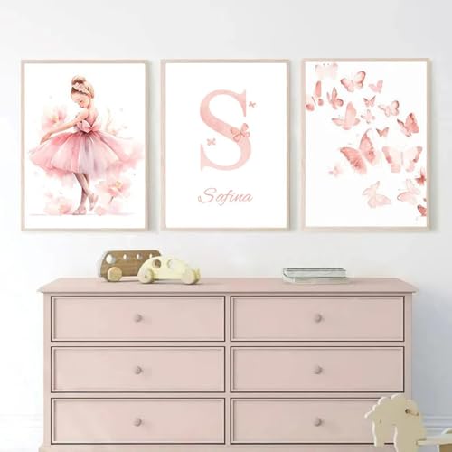 Youihom 3 Affiche Personnalisée Chambre Enfant Poster Prenom Enfant Tableau Chambre Bebe Fille Papillon Ballerine Affiche Toile sans Cadre