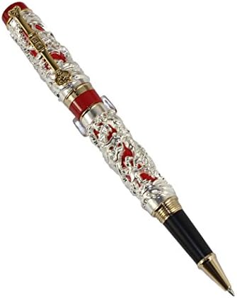 Gullor Noblest Dragon and Phoenix Rollerball Pen with PU Leather Pen Pouch - Antique Silver and red