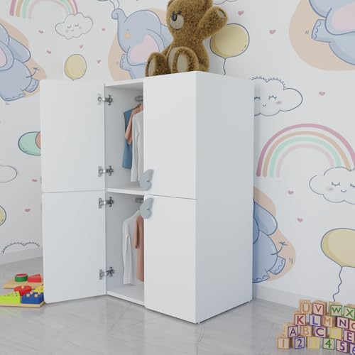 Image of VIKI Kids Wardrobe Almirah - 4 Door Kids Storage Cabinet with Hanging Rod for Bedroom, White (40x60x102 cm) | 1 Year Warranty