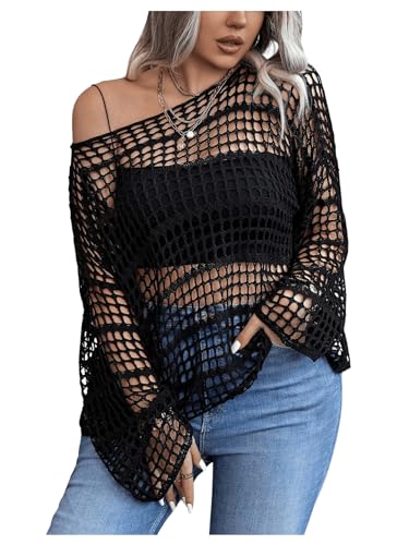 Women's Plus Size Off The Shoulder Tops Flounce Sleeve Hollow Out Crochet Lightweight Pullover Tops