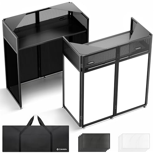 CAHAYA Cabina DJ Portátil – Mesa DJ Plegable con Esquinas Dobles, t elas de iluminación Negra y Blanca, Bolsa de Transporte, Orificios para Cables, 102×51cm – Ideal para Fiestas y Eventos