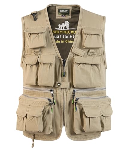 SUSHIMIAN Gilet de Pêche pour Homme Multi-Poches Gilet Reporter de Plein air Veste sans Manches de Travail Gilet de Chasse Photographie, Kaki, L