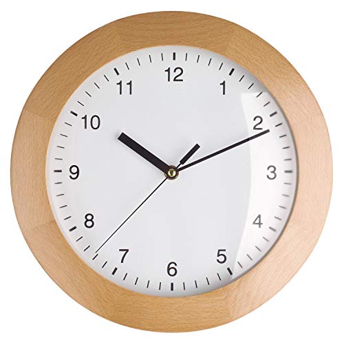 TFA Dostmann Funkwanduhr, Design Wanduhr Holz, 98.1065, aus Buche, zum Hängen, 31cm Durchmesser, als Küchenuhr, Wohnzimmeruhr, Designuhr, braun