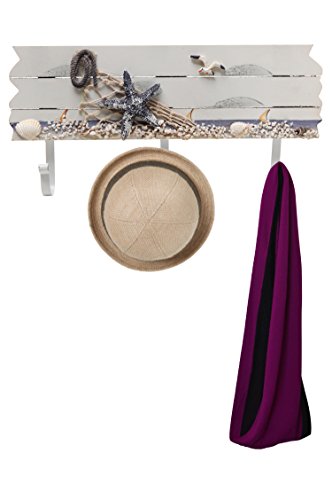 MyGift 3 Hook Coastal Style Wall Mounted Entryway Coat Rack, Decorative Nautical Beach Starfish and Seashell Theme Wood Panel with White Metal Jacket Hanging Hooks - Image 3