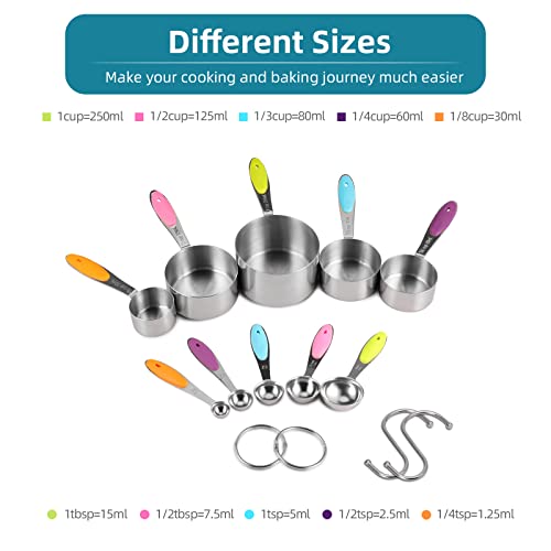 Measuring Cups And Spoons Set, Measuring Spoons Set In 18/8 Stainless Steel, Includes 5 Cups, 5 Spoons And 2 Hooks, Measuring Cup Set With Colourful Silicone Handle For Cooking & Baking #TOP1