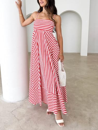 Image of KMBANGI Women Striped Sleeveless Maxi Dress Swing Patchwork Midi Dress Smocked Spaghetti Strap Colorful Long Sundress