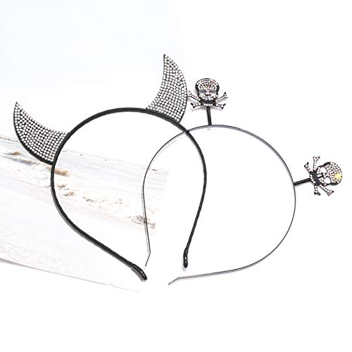 Halloween Devil Horns Headband Rhinestone Skull Head Boppers Hair Band Sparkle Crystal Skeleton Headpiece Party Cosplay Props Dress Supplies Costume Hair Accessories For Women Girls (Set 2Pcs) #TOP3