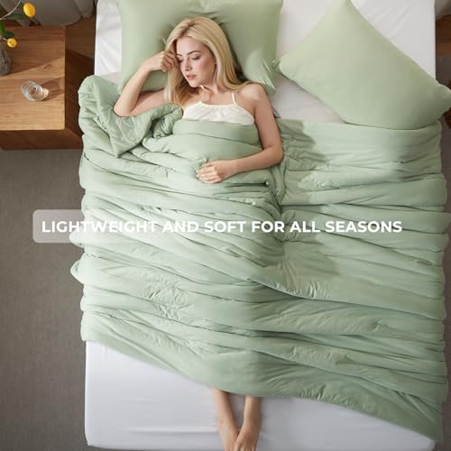 Image of Full Size Comforter Set, Comforters Full Size Luxury Ultra-Soft Jersey Knit Bedding Sets, Sage Green Lightweight Down Alternative Bed Comforter for All Season, 3 Piece Bedding Set