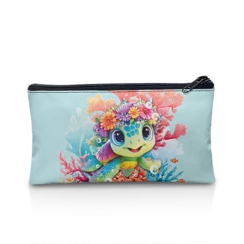 Image of Sea Turtle School Pencil Case Aesthetic Light Blue Pencil Pouch for Preschool Floral Pen Organizer for Toddlers Lightweight Pen Holder for Girls