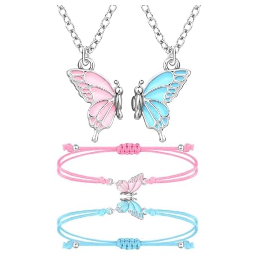 MJartoria BFF Necklace & Bracelets - Butterfly Friendship Set - Pink+Blue-Silver - Unisex - Semi-Fine Alloy - 18 Inch Chain - Lobster Clasp