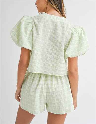 Image of Yuemengxuan Women Y2k Two Piece Plaid Lounge Sets Puff Sleeve Tie front Blouse Top High Waist Shorts Casual Pajamas Sets
