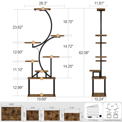 Plant Stand Indoor with Grow Lights - 62" Tall Plant Shelf, Lighted Corner Plant Stands for Indoor Growing, 8 Tiered Large Flower Holder, S-Shaped Decorative Rack for Living Room, Black, Patent Design