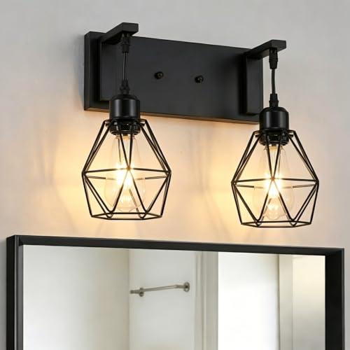 Image of Somniferous Farmhouse Bathroom Light Fixtures, 2 Light Bathroom Vanity Light Over Mirror, Black Bathroom Light with Caged Metal Shade, Rustic Wall Sconce for Bedroom, Living Room, Hallway, E26 Socket
