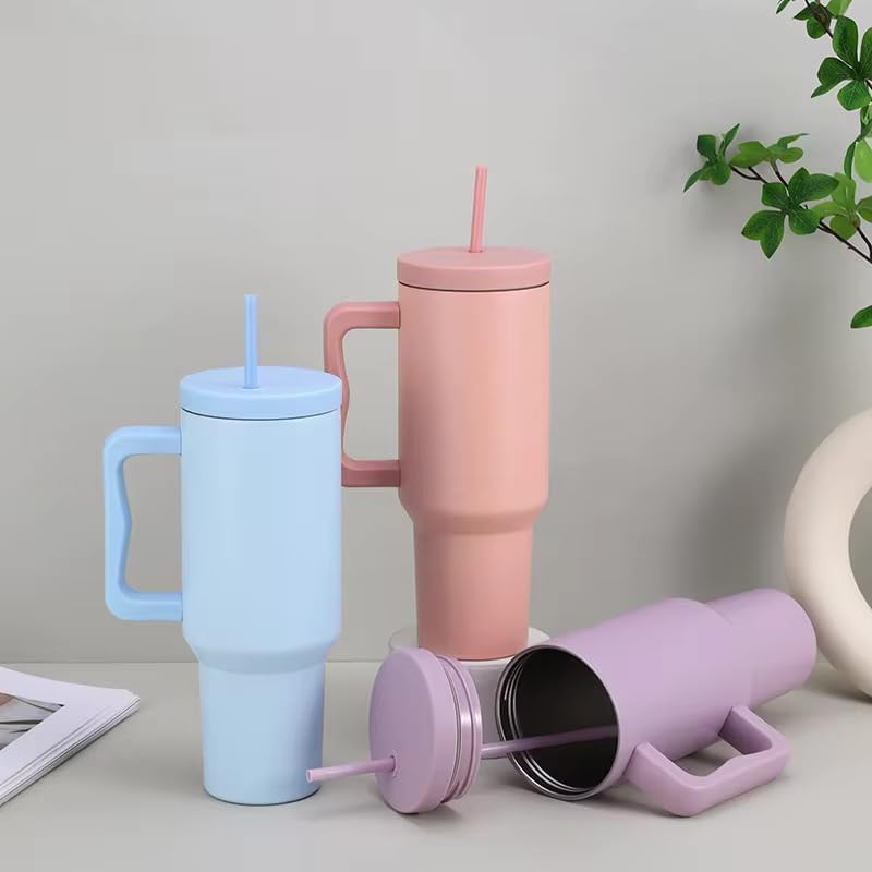 Image of 1200ml Stainless Steel Tumbler with Handle, Lid & Straw, Double Wall Insulated Travel Mug for Hot & Cold Drinks, Leakproof Large Capacity Cup for Office, Gym & Car Holder (Purple)