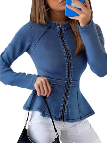 Casual Denim Peplum Jacket for Women Long Sleeve Zip Front Athletic Workout Ruffle Blazer Coats3